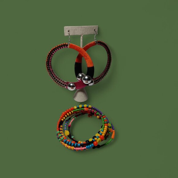 Mod Hippie Boho Beaded Bracelet and Giant Colorful Rhinestone Earrings Costume - Picture 2 of 8